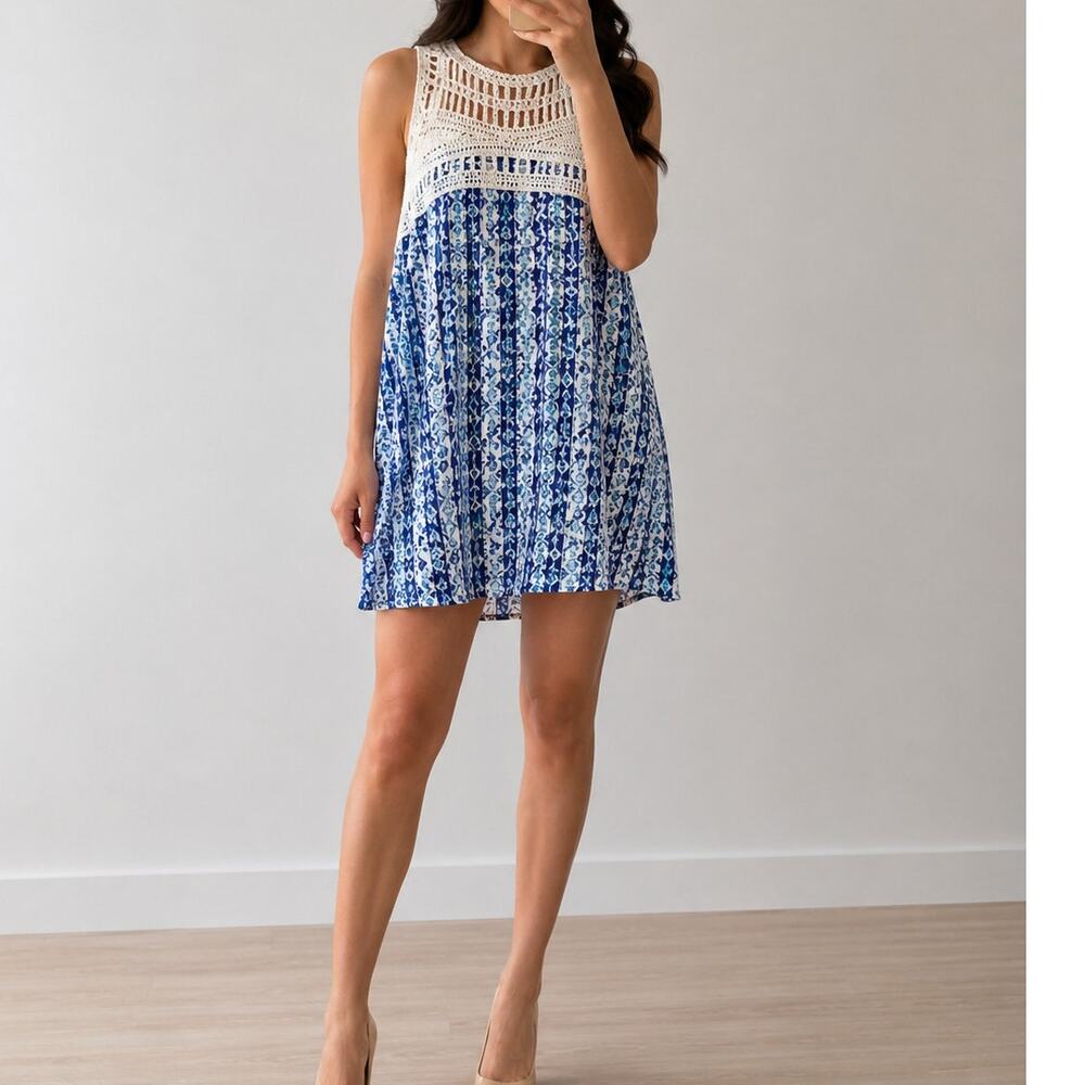 Eight Sixty🌿 Blue White Boho Crochet Lace Swing Tank Top Dress Women’s Medium